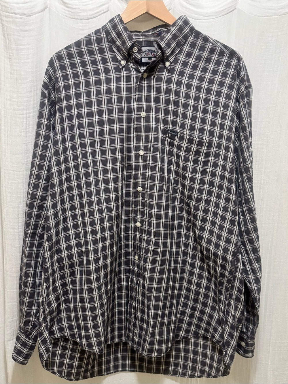 Vintage Faconnable Men's Gray/White Plaid Button-Down Long Sleeve Cotton Shirt L